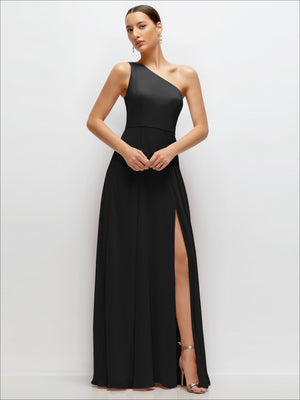 Black one-shoulder chiffon maxi dress with circle skirt and high side slit
