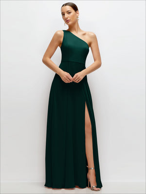 One-shoulder chiffon maxi dress in deep green with side slit and flowing circle skirt