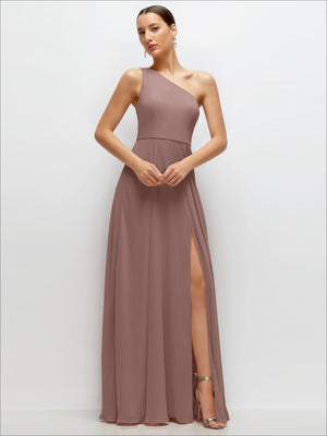 Mauve one-shoulder chiffon maxi dress with front slit and circle skirt