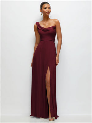 Chiffon One-Shoulder Maxi Dress with Draped Cowl Neckline