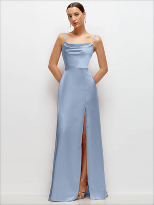 Cowl Neck Satin Maxi Dress with Adjustable Spaghetti Straps