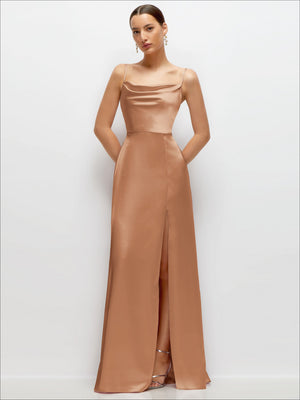 Cowl Neck Satin Maxi Dress with Adjustable Spaghetti Straps
