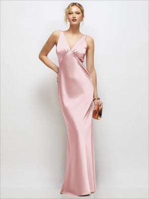 Sleeveless V-Neck Stretch Satin Bias Slip Maxi Dress