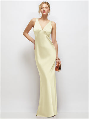 Sleeveless V-Neck Stretch Satin Bias Slip Maxi Dress
