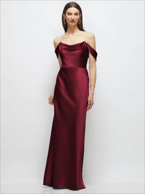 Off-the-shoulder satin maxi A-line dress in burgundy with draped shoulder sleeves
