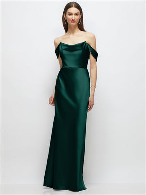 A-line stretch satin maxi dress with off-shoulder drape straps, dark green
