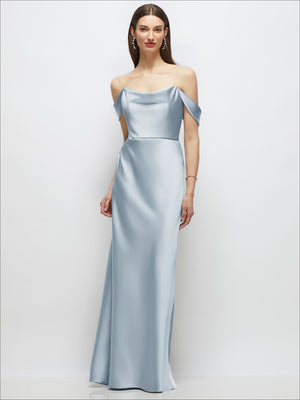 Light blue satin maxi dress with draped off-the-shoulder sleeves, front view