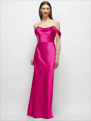 Off-the-shoulder satin maxi A-line dress in hot pink with draped shoulder sleeves