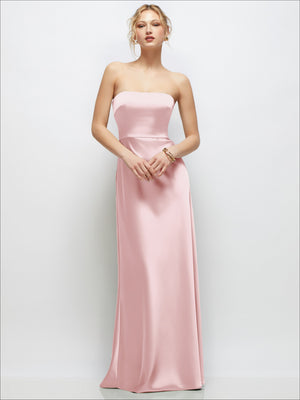 Ballet pink strapless satin maxi dress with fitted bodice and A-line skirt