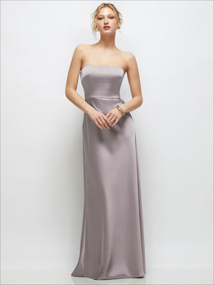 Strapless A-line stretch satin maxi dress, champagne mauve, strapless silhouette with long hem