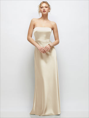 Strapless satin maxi dress in champagne beige, fitted bodice, floor-length