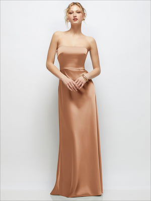 Strapless satin maxi dress in warm copper brown, fitted bodice, floor-length
