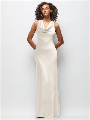 Cowl Neck Criss-Cross Back Satin Maxi Dress