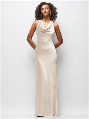 Cowl Neck Criss-Cross Back Satin Maxi Dress