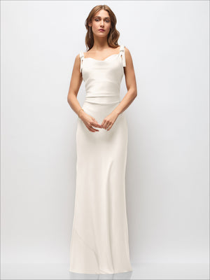 Ivory satin cowl neck ruched side maxi dress with bow shoulder straps
