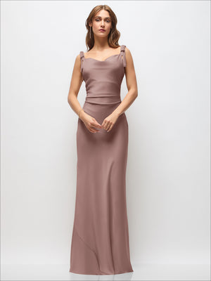 Taupe satin maxi dress with cowl neckline, ruched bodice, and tie shoulder bows.
