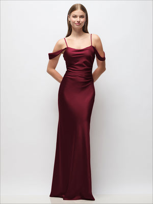 Burgundy satin off-shoulder maxi dress with spaghetti straps and ruched side detail