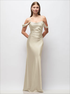 Ivory off-shoulder satin maxi dress with spaghetti straps, draped sleeves, and ruched fit