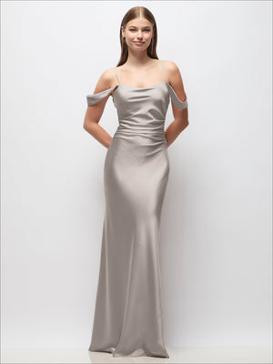 Taupe off-shoulder satin maxi dress with spaghetti straps, draped sleeves, and ruched fit