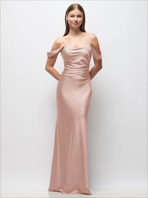 Blush off-shoulder satin maxi dress with ruched sides, spaghetti straps, and bias drape