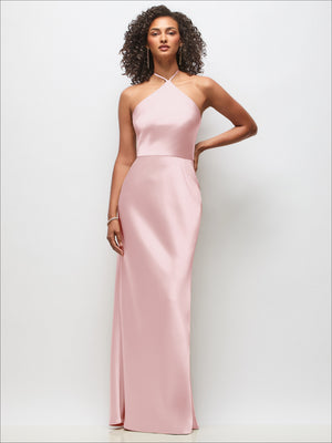 Ballet pink stretch satin maxi dress with high halter neckline and bias A-line skirt