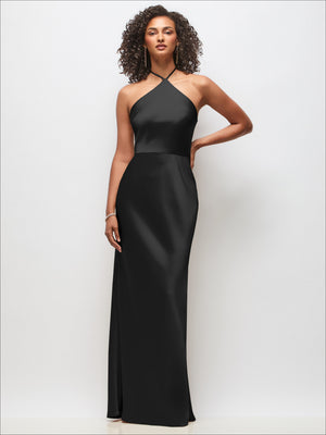 Black stretch satin halter maxi dress with high neckline and A-line skirt