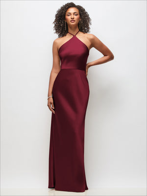 Burgundy stretch satin maxi dress with high halter neckline and bias A-line skirt