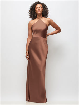 Cognac brown satin maxi dress with halter high neck and bias A-line skirt, front view