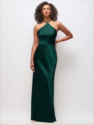 Stretch satin maxi dress in emerald green, high-neck halter with fitted A-line maxi skirt.