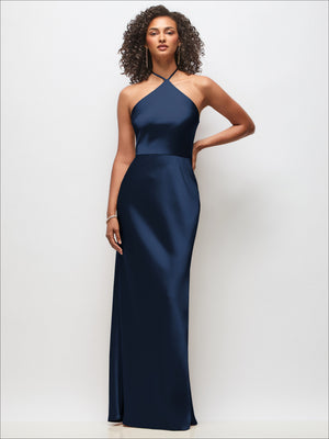 Dark navy satin maxi dress with halter high neck and bias A-line skirt, front view
