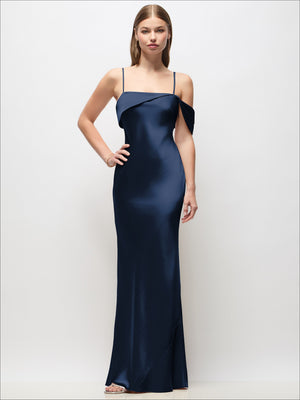 Asymmetrical Cuff Neck Stretch Satin Bias Maxi Dress with Adjustable Spaghetti Straps