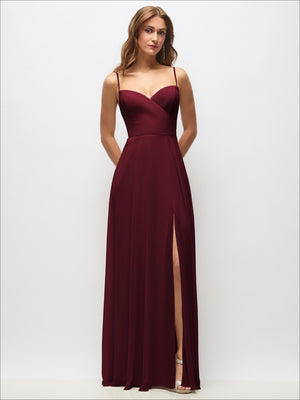 Burgundy chiffon maxi dress with wrap bodice, spaghetti straps, and side slit