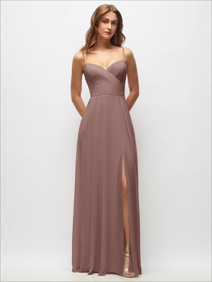 Wrap bodice chiffon maxi dress with adjustable spaghetti straps, blush pink side slit