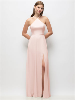 Blush pink sleeveless halter maxi chiffon dress with adjustable straps and slit