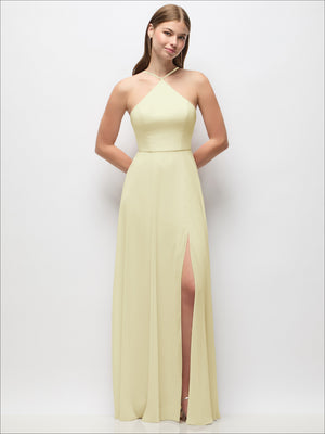 High-neck halter chiffon maxi dress in pale yellow, adjustable spaghetti straps, front slit