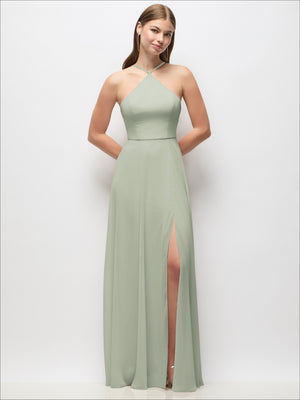 Sage green halter maxi dress with slim adjustable straps and front side opening