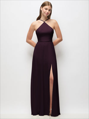 Plum chiffon maxi dress with halter neckline and adjustable spaghetti straps, side slit