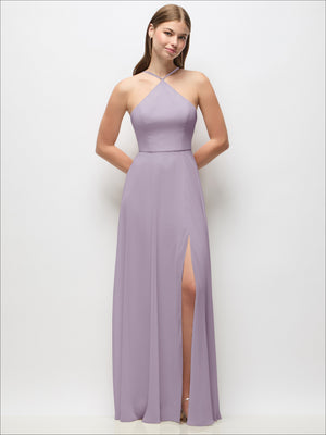 Lavender halter maxi dress with adjustable spaghetti straps and side slit