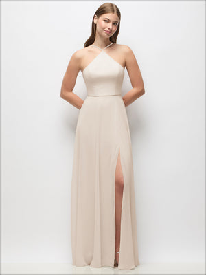Light neutral high-neck halter maxi dress with adjustable spaghetti straps and side slit