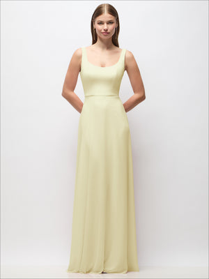 Scoop-neck chiffon maxi dress with tank straps, pale yellow color and gathered waist
