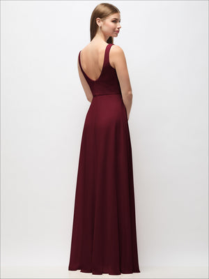 Scoop-neck chiffon maxi dress with open back and tank straps, burgundy color