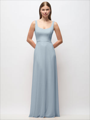 Light blue chiffon scoop-neck maxi dress with fitted bodice and long flowing skirt