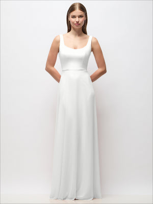 Ivory scoop-neck chiffon maxi dress with tank straps and soft pleated drape