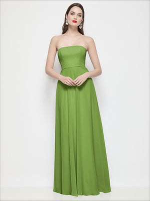 Bright green strapless chiffon maxi dress with fitted bodice and soft circle skirt