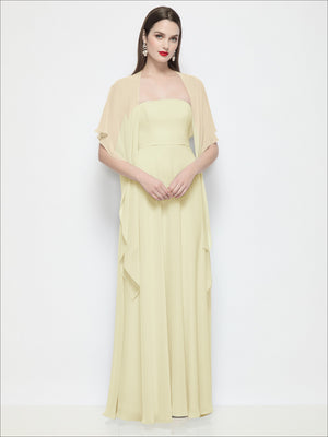 Chiffon flounce cape with draped overlay, pale yellow, short sleeves.