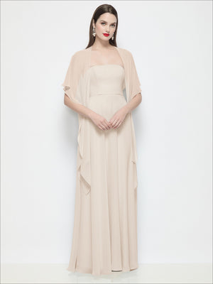 Ivory chiffon cape dress with sheer flounce sleeves and floor-length pleated skirt
