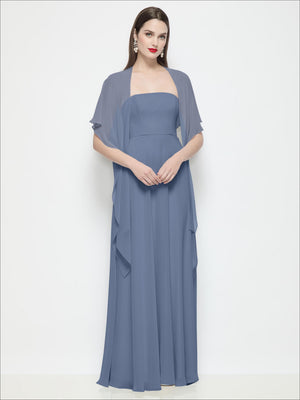 Blue chiffon flounce cape with short flutter sleeves, draped sides over long dress