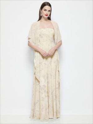 Floral chiffon flounce cape in light cream with draped, short batwing sleeves